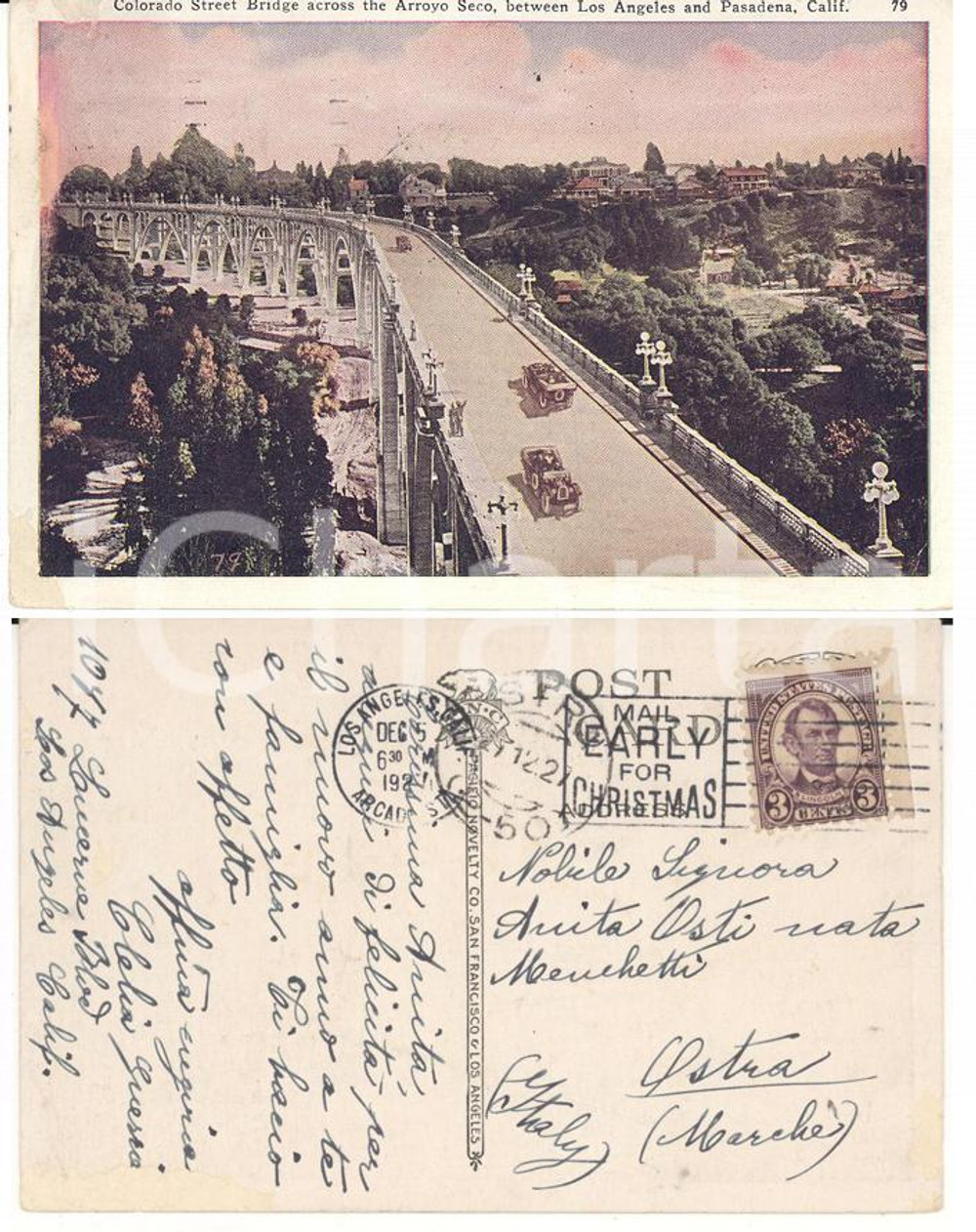 Autografo originale 1927 LOS ANGELES (USA) Cartolina Clelia GUERRIERI ad Anita MENCHETTI OSTI *FP VG 1