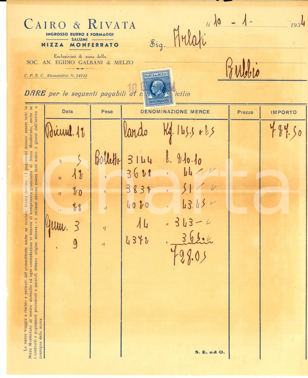 Documento originale, autentico 1934 NIZZA MONFERRATO AL Ingrosso CAIRO & RIVATA Burro e formaggi Fattura 1