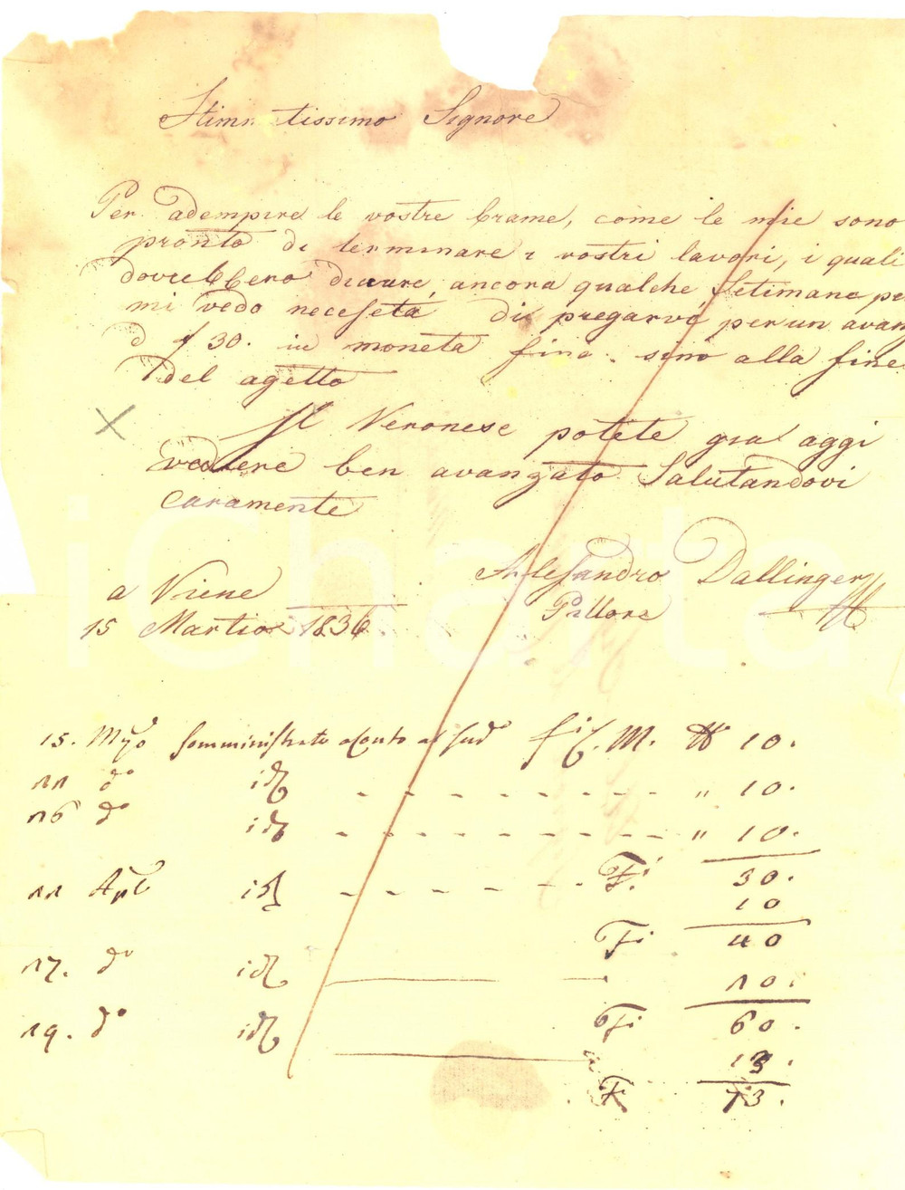 Autografo originale 1836 VIENNA Pittore Alexander DALLINGER chiede saldo quadri AUTOGRAFO 1
