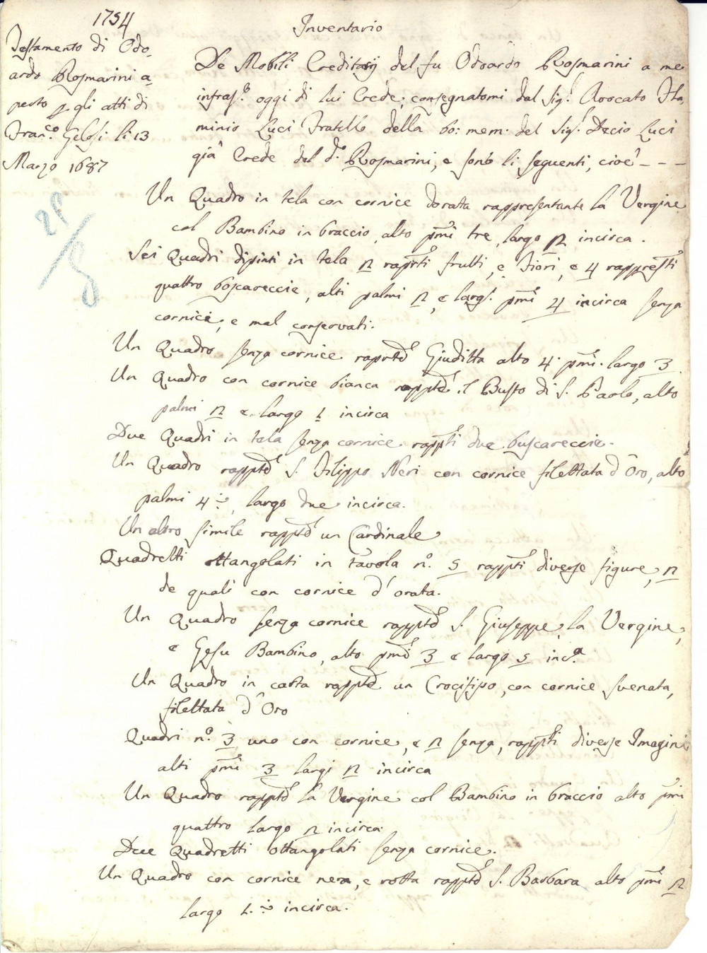 Documento originale, autentico 1754 BEROIDE PG Quadri in eredità  Odoardo ROSMARINI 1