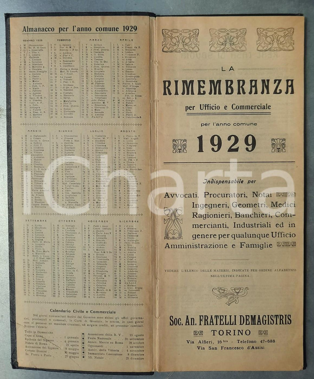 Oggetto da collezione cartaceo 1929 TORINO Agenda La Rimembranza F.LLI DE MAGISTRIS 1