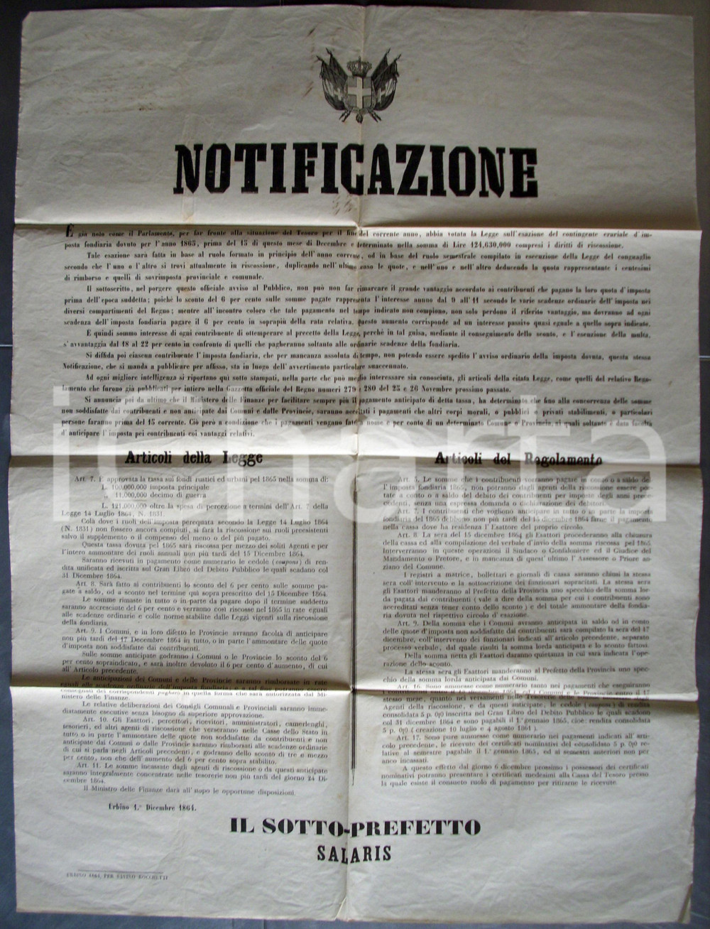 Documento originale, autentico 1864 URBINO Fondi rustici e urbani e decimo di guerra 1