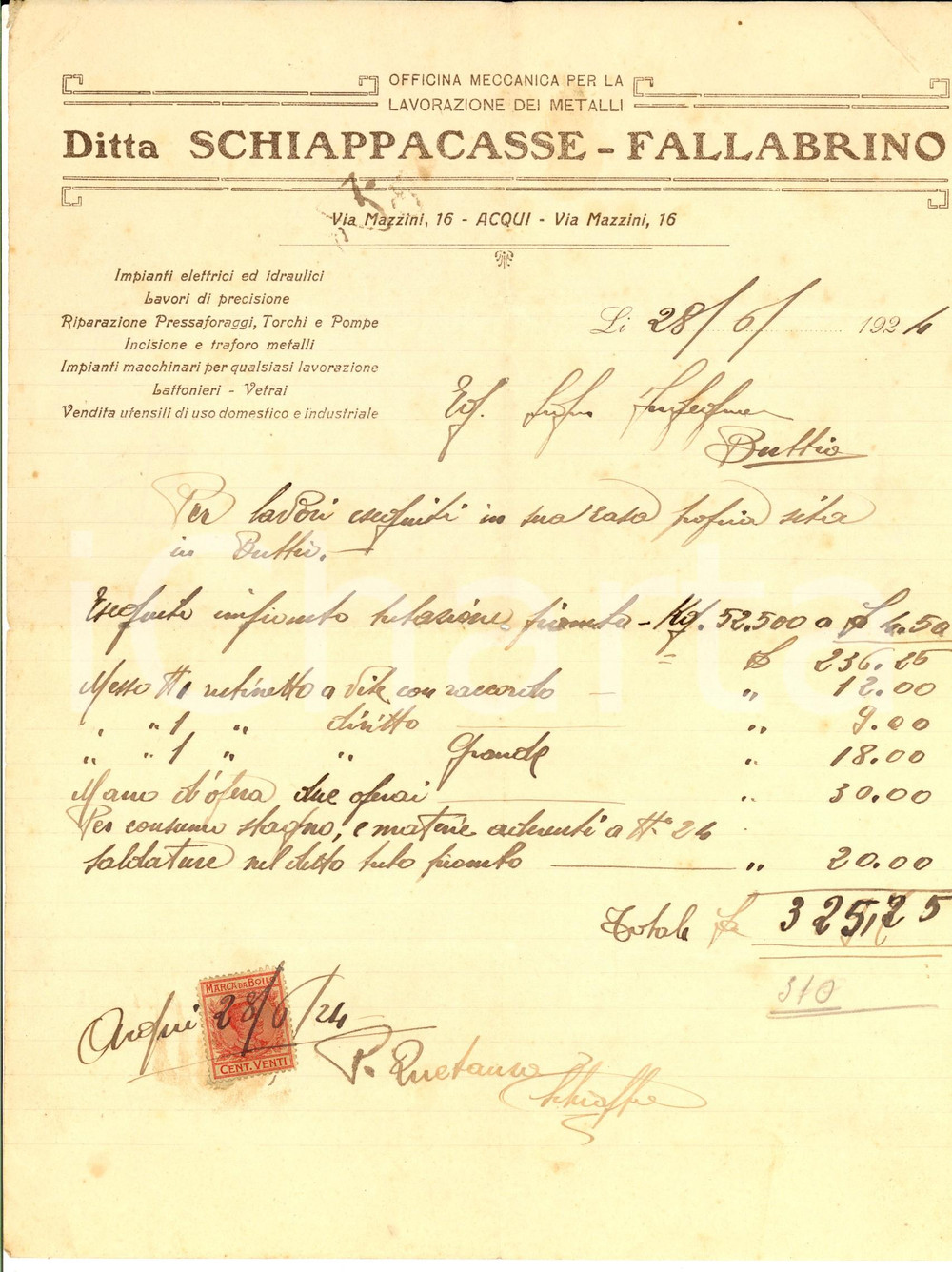 Documento originale, autentico 1924 ACQUI TERME Ditta SCHIAPPACASSE  FALLABRINO Metalli Fattura intestata 1