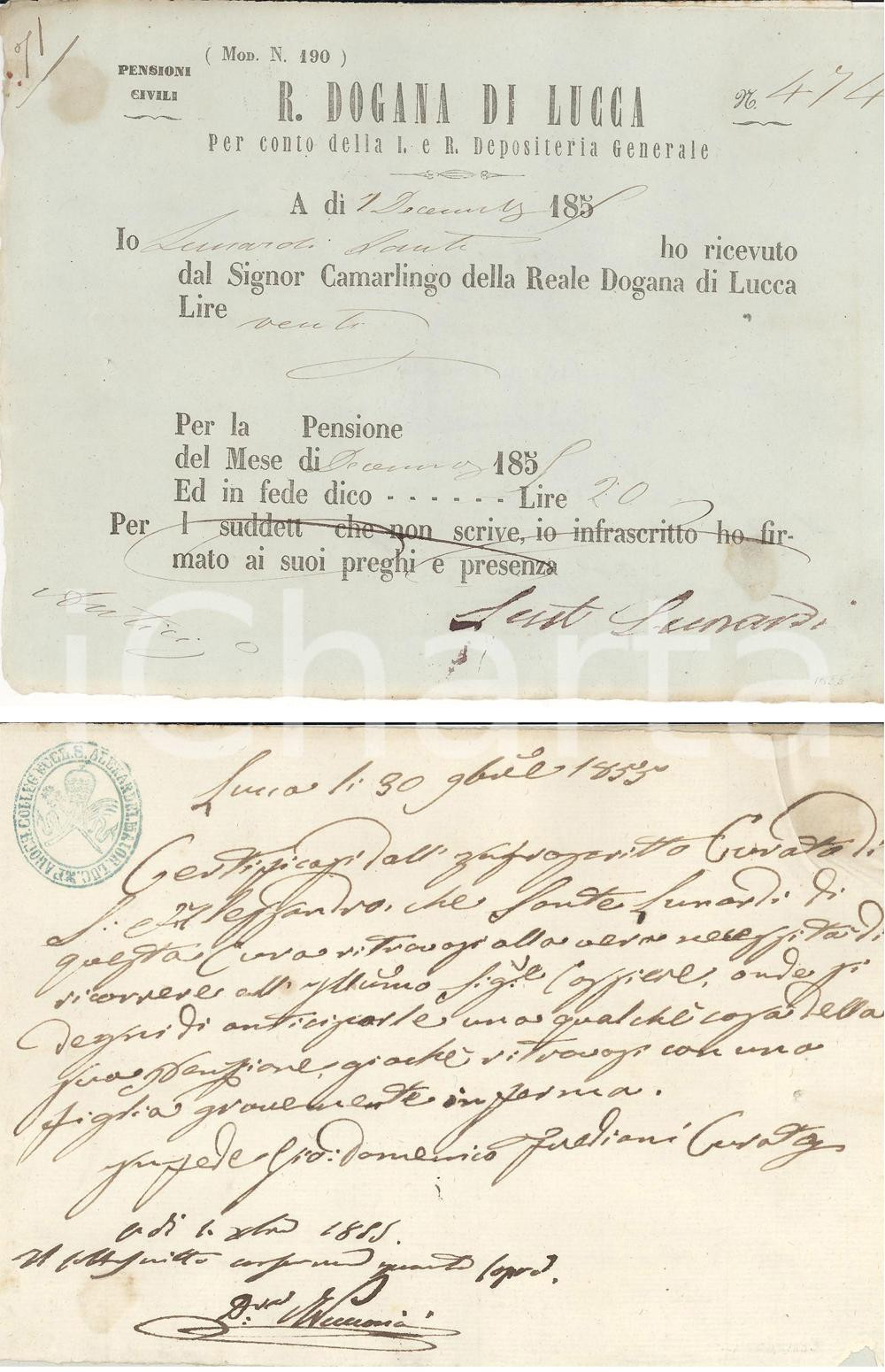 Documento originale, autentico 1855 LUCCA Sante LUNARDI pensione per figlia malata 1
