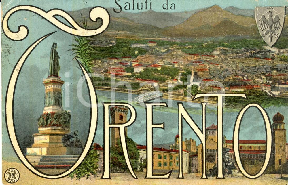 Cartolina originale da collezione 1919 TRENTO Veduta della cittÃ  con monumento a DANTE Cartolina postale FP VG 1