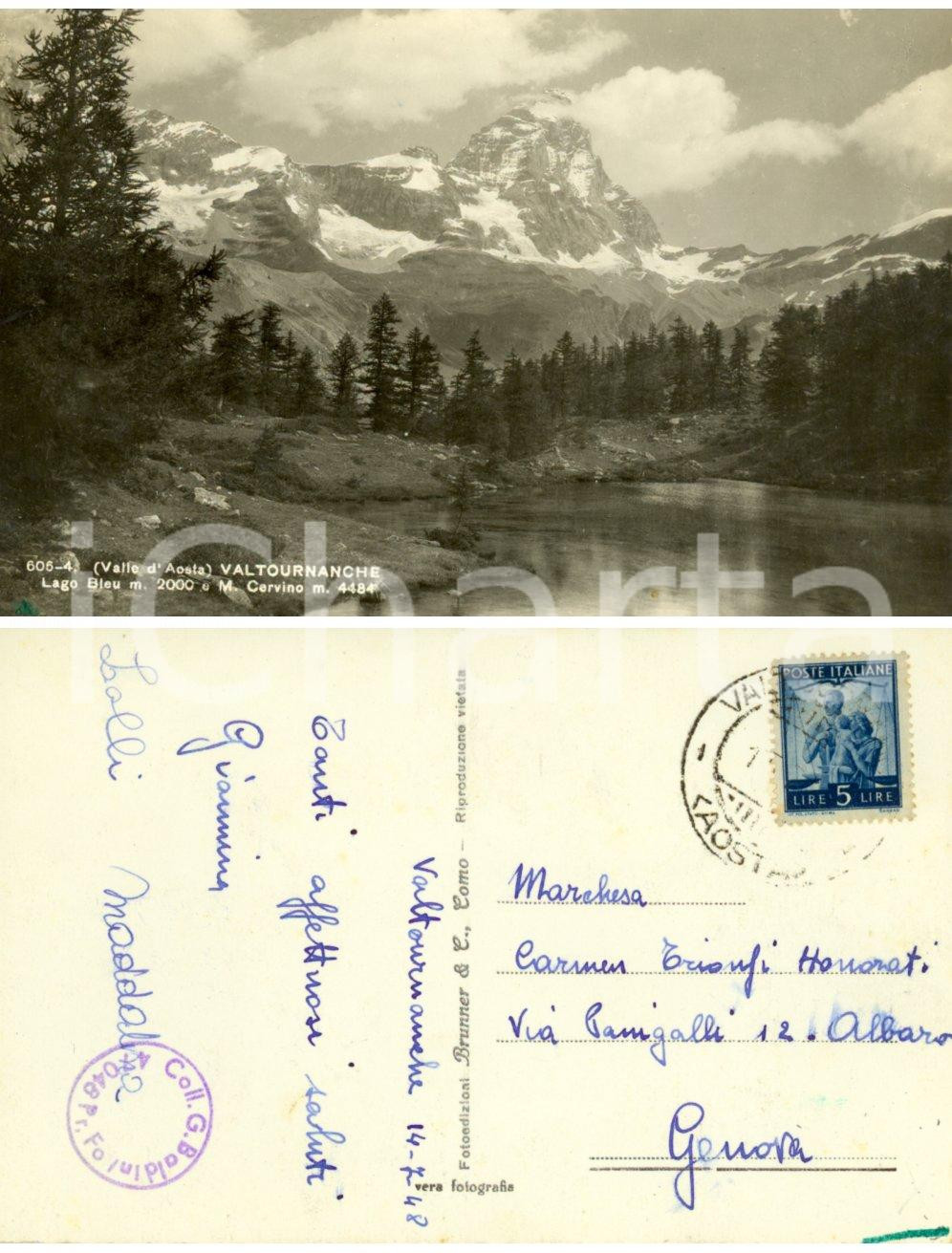 Autografo originale 1948 VALTOURNANCHE Lago Blu e Monte Cervino Cartolina a Carmen TRIONFI HONORATI 1