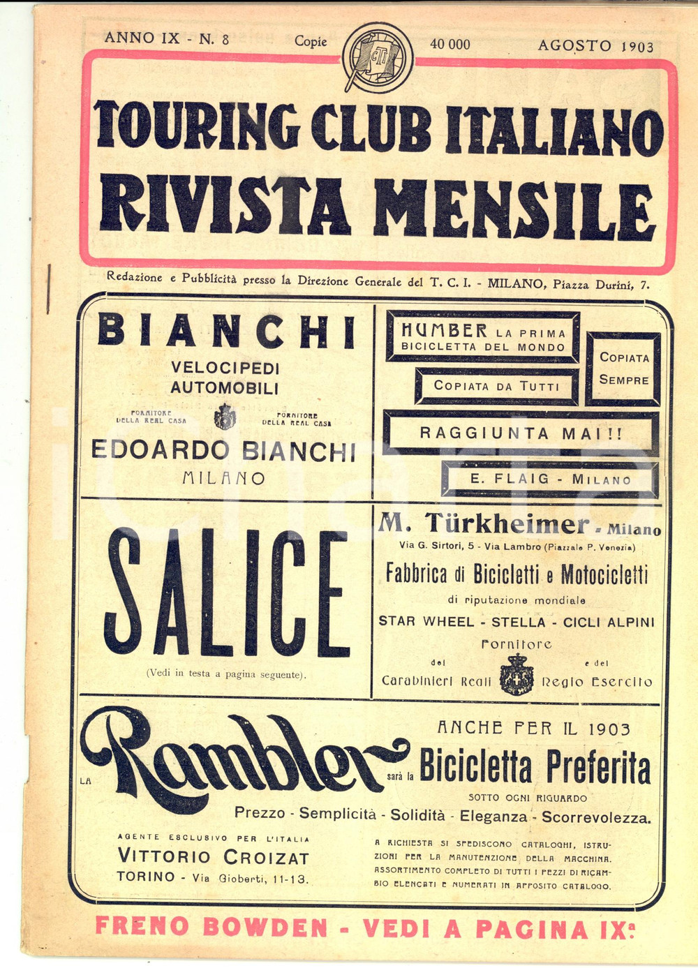Materiale pubblicitario d’epoca 1903 TOURING CLUB ITALIANO Rivista mensile - Convegni ciclistici Anno IX nÂ°8 1