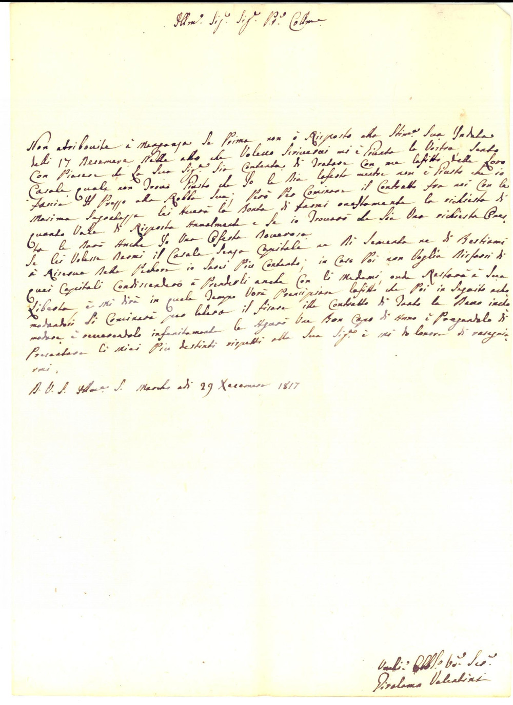 Manoscritto, lettera originale 1817 SAN MARCO PG Girolamo VALENTINI intermediario per affitto di casale 1