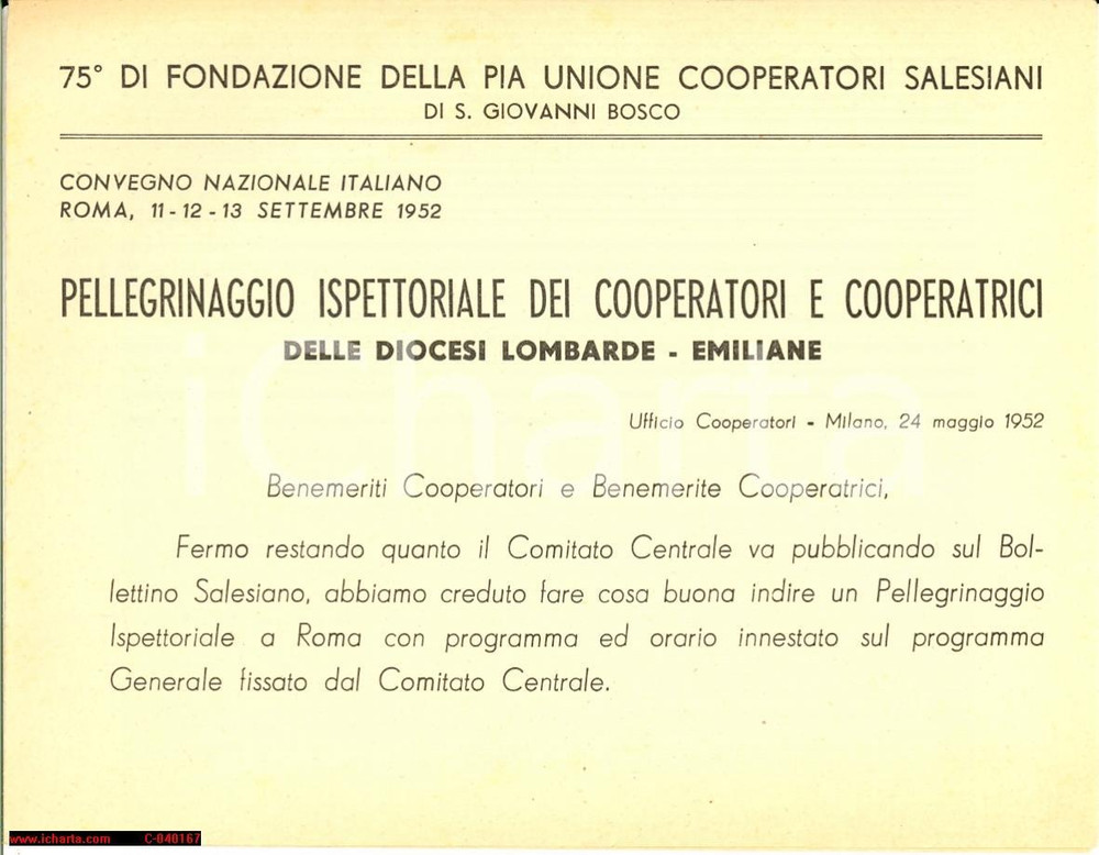 Oggetto da collezione cartaceo 1952 MILANO PIA UNIONE SALESIANI Pellegrinaggio a Roma 1