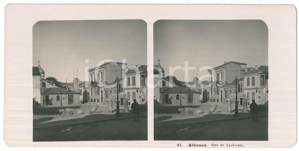 1905 ATHÃˆNES Rue de Lysicrate - Stereoview STEGLITZ BERLIN n. 61 Fotografia stereoscopica d'epoca.EDITORE: Steglitz-Berlin   GOOD/buono  Formato: 18x9 cm originale e autentica 1