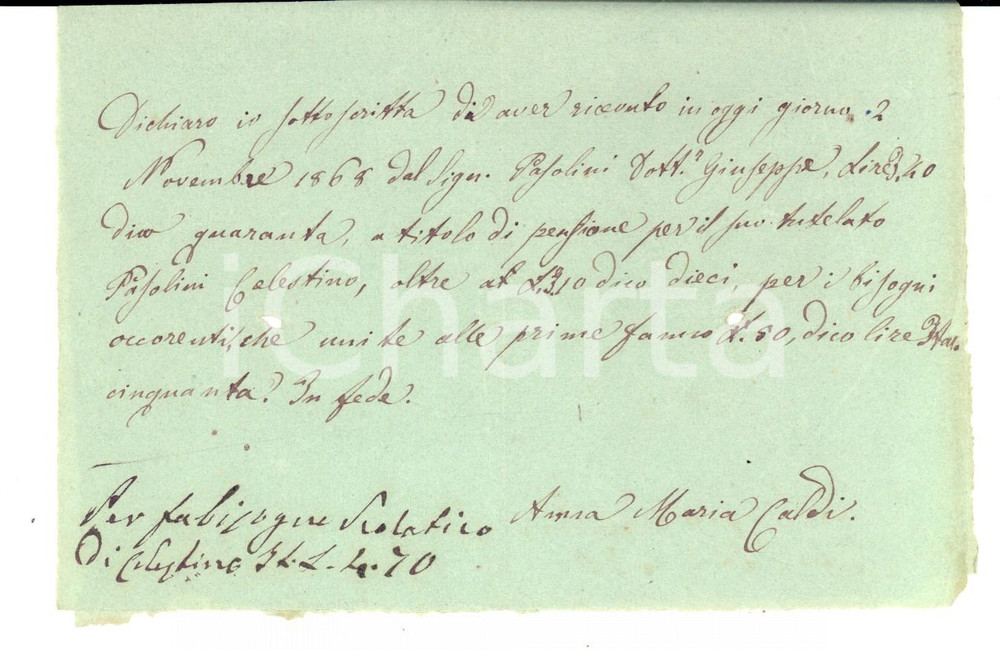 Documento originale, autentico 1868 ORZINUOVI BS Ricevuta Anna Maria CALDI spese minorenne Celestino PASOLINI 1