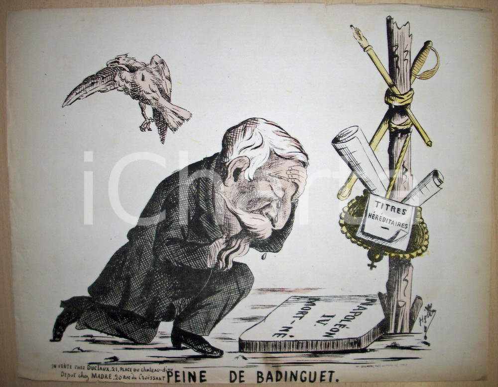 Stampa, bozzetto originale 1871 Caricatura NAPOLEONE III Peine de BADINGUET stampa 1