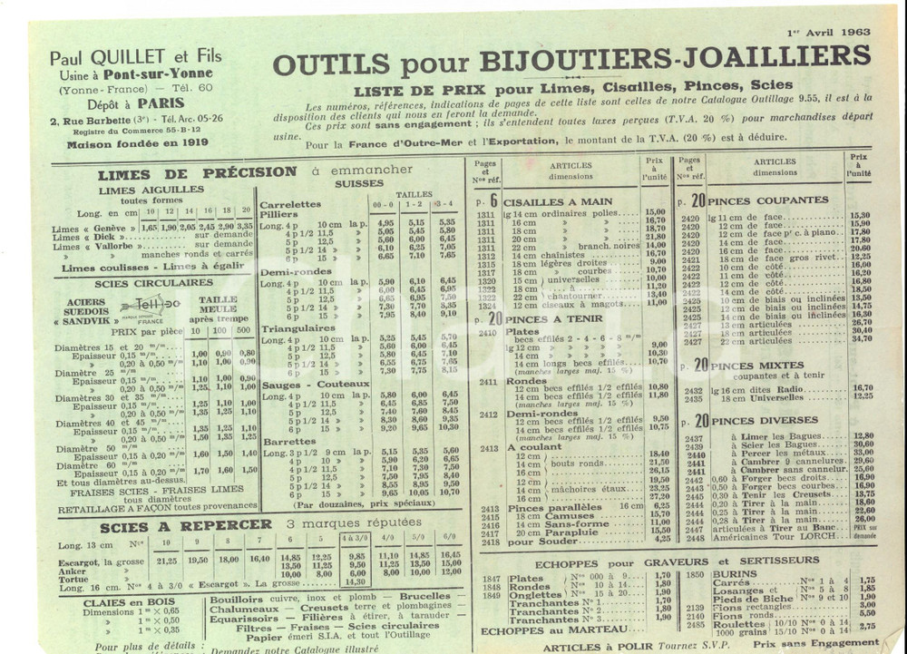 Materiale pubblicitario d’epoca 1963  PONTSURYONNE Paul QUILLET & Fils  Outils pour joailliers Liste de prix 1