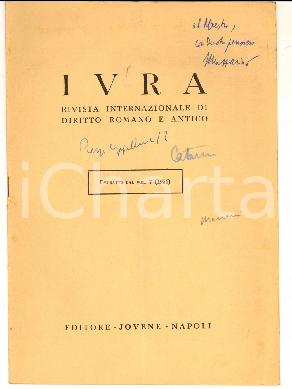 Libro, pubblicazione d epoca 1956 CATANIA Santo MAZZARINO Recensione su ISTINSKY  KLAUSER Invio autografo 1
