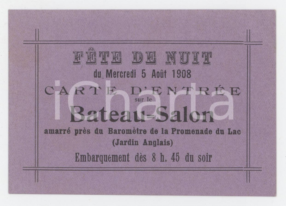 1908 FRANCE Fete de nuit - Carte d'nentrÃ©e sur le Bateau Salon 9x6 cm Tessera  d'epoca.  FAIR/discreto Lievi smussature agli angoli Formato: 9x6 cm originale e autentica 1