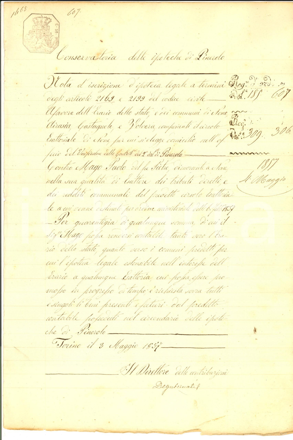 Documento originale, autentico 1857 NONE TO Iscrizione di garanzia per Paolo MAGO esattore comunale 1