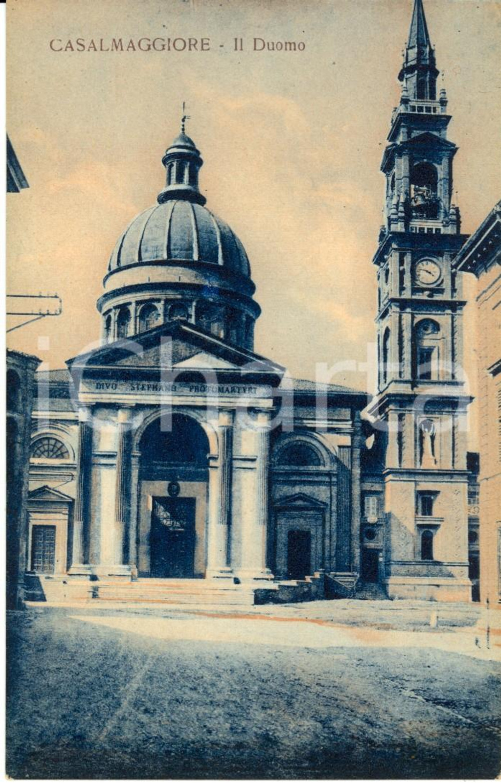 Cartolina originale da collezione 1930 ca CASALMAGGIORE (CR) Veduta della facciata del duomo con campanile *FP NV 1