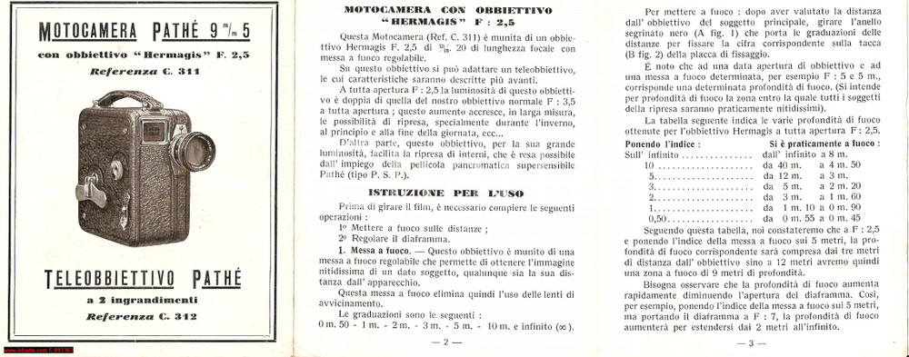 Materiale pubblicitario d’epoca 1940 ca. Istruzioni MOTOCAMERA  PATHE  9 m/m 5 HERMAGIS 1
