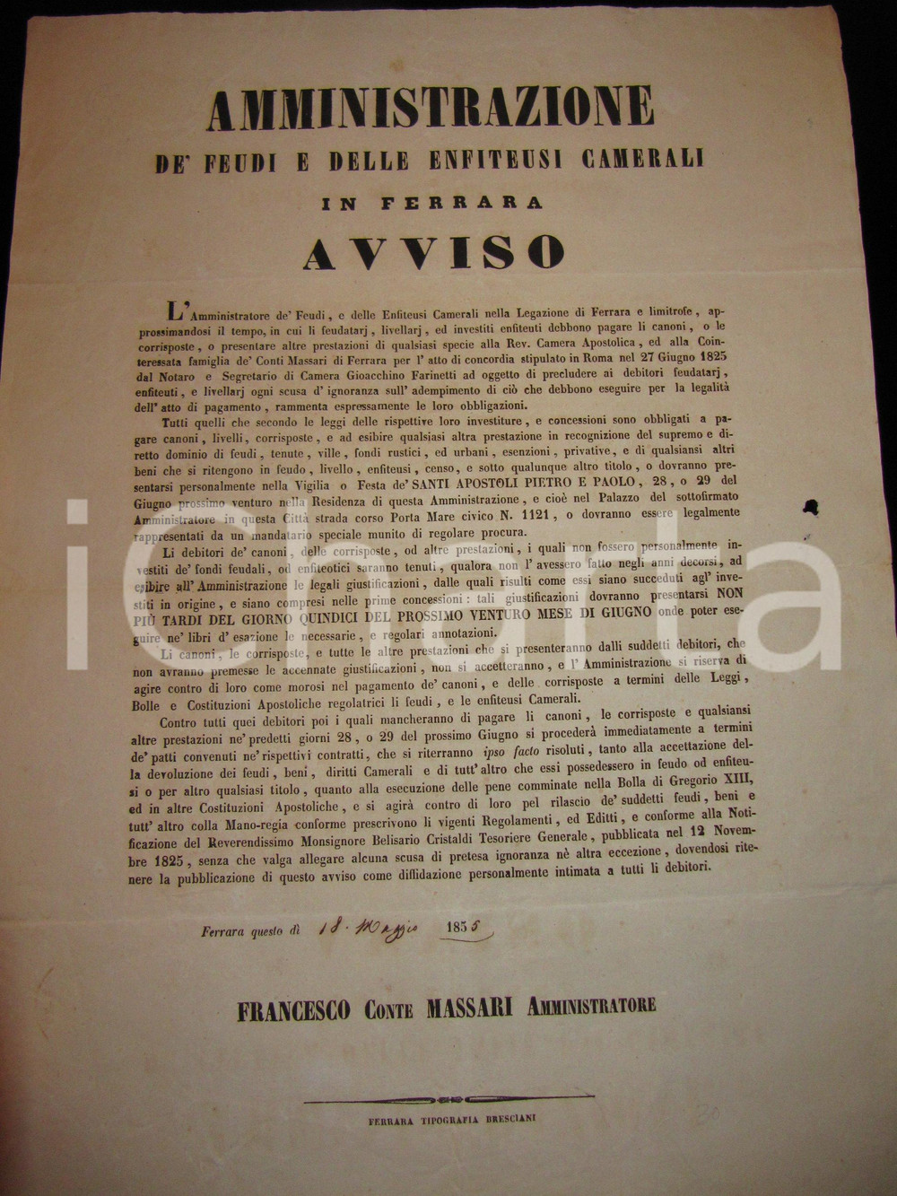 Documento originale, autentico 1855 FERRARA GOVERNO PONTIFICIO Pagamento diritti feudo famiglia Conti MASSARI 1