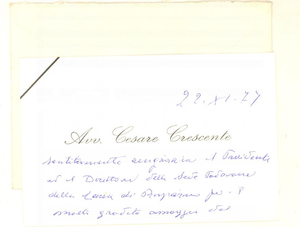 Autografo originale 1977 PADOVA Cesare CRESCENTE  Biglietto di ringraziamento AUTOGRAFO 1