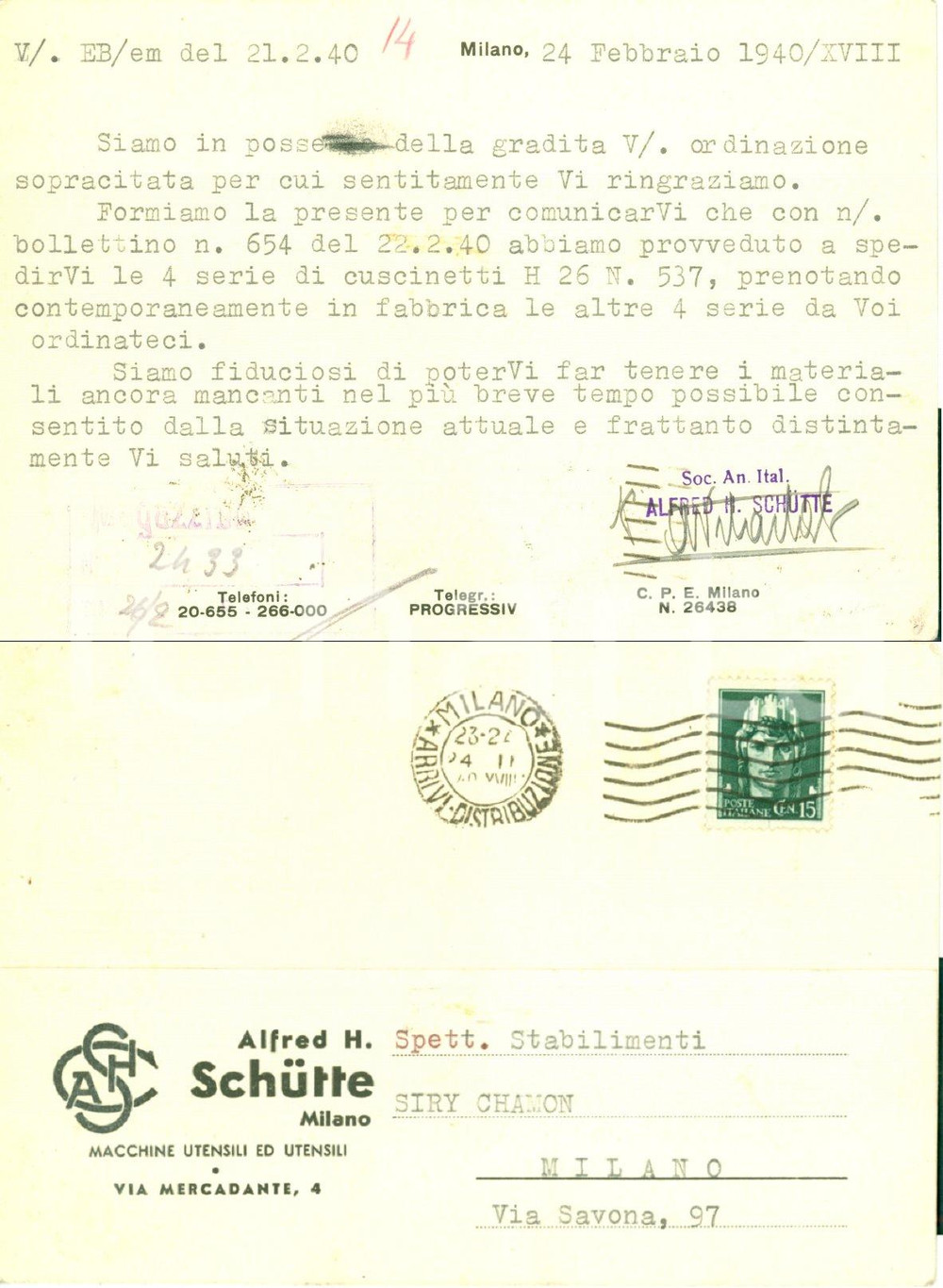 Cartolina originale da collezione 1940 MILANO WW2 Machine utensili ALFRED SCHUTTE Cartolina FG VG 1