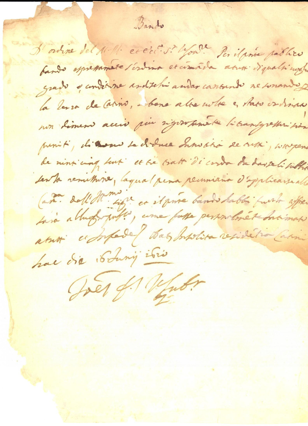 Documento originale, autentico 1610 POGGIO CATINO Bando che vieta di cantare e suonare in strada Manoscritto 1