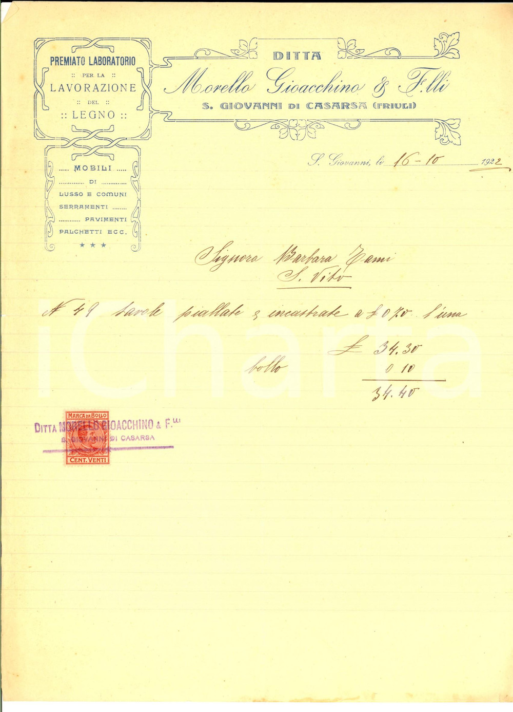 Documento originale, autentico 1922 SAN GIOVANNI / CASARSA DELLA DELIZIA (PD) Mobili Gioacchino MORELLO Fattura 1