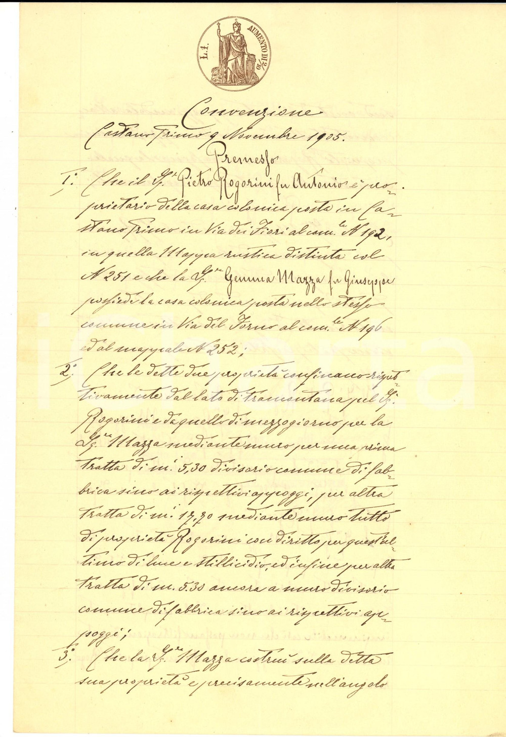 Documento originale, autentico 1905 CASTANO PRIMO MI Pietro ROGORINI concede uso fogna a Gemma MAZZA 1
