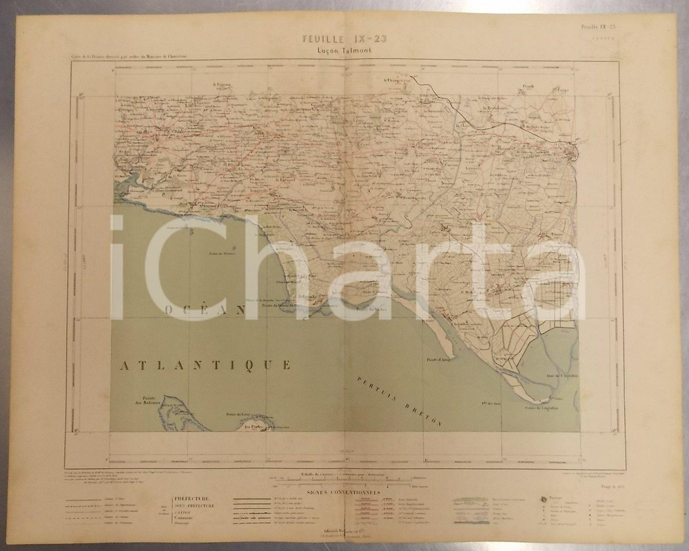 Stampa, bozzetto originale 1879 PARIS Atlas département de la VENDEE   Carte de LUÇON TALMONT DANNEGGIATA 1