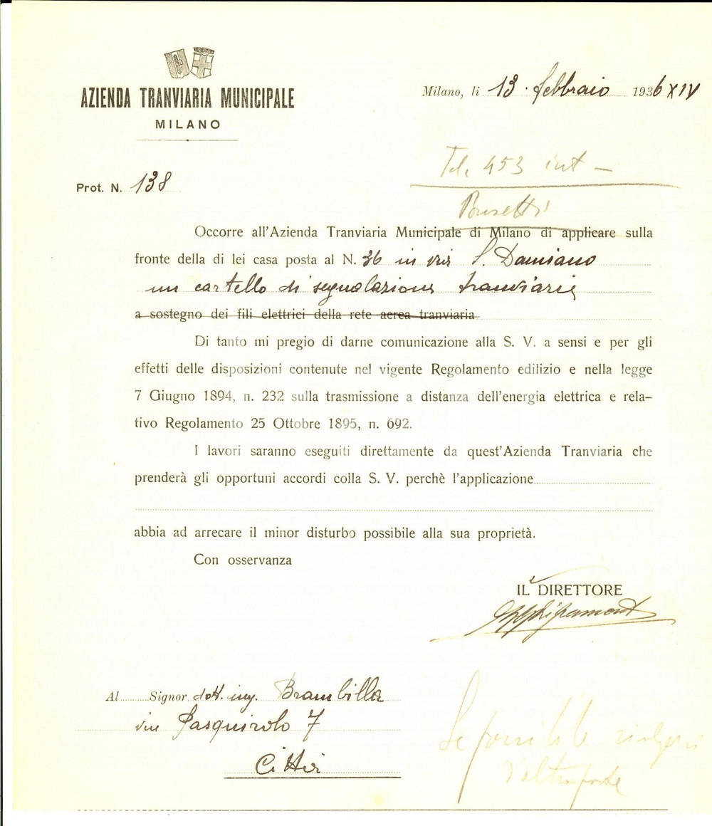 Documento originale, autentico 1936 MILANO Azienda Tranviaria Municipale  Cartello stradale in via SAN DAMIANO 1