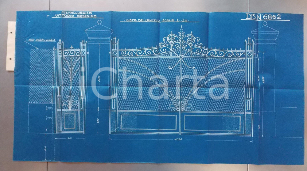 Documento originale, autentico 1930 ca MILANO Metallurgica Vittorio ORSENIGO Progetto per cancello cm 87 x 45 1