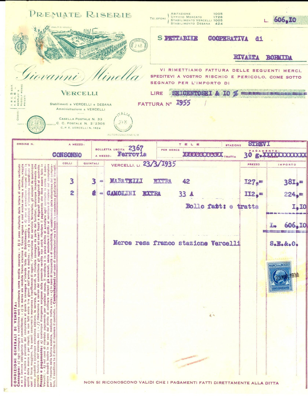 Documento originale, autentico 1934 VERCELLI Premiate Riserie Giovanni MINELLA   Fattura per camolini 1