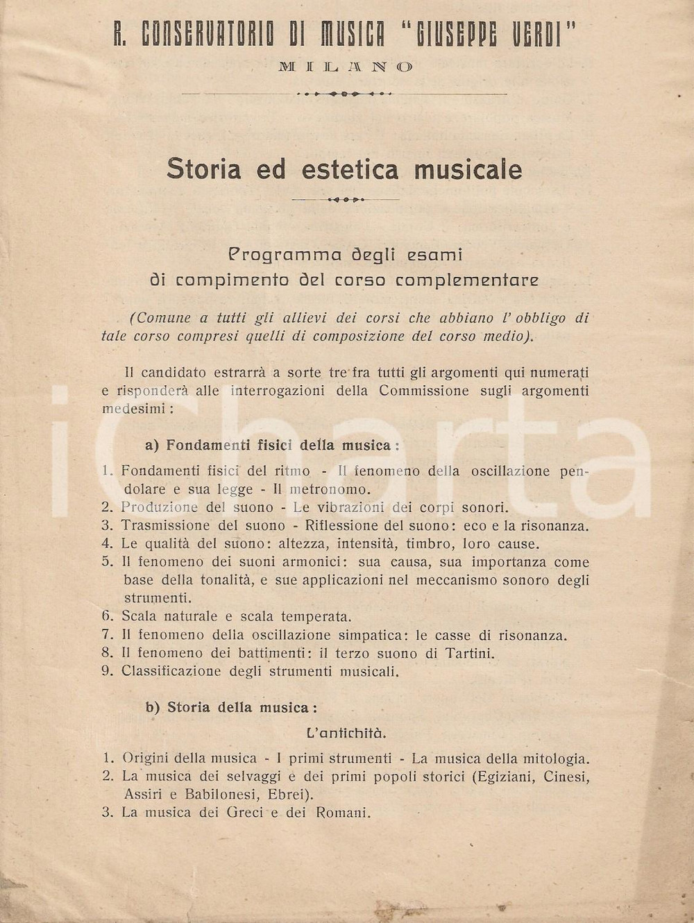 Documento originale, autentico 1930 ca MILANO Conservatorio VERDI Programma corsi storia ed estetica musicale 1