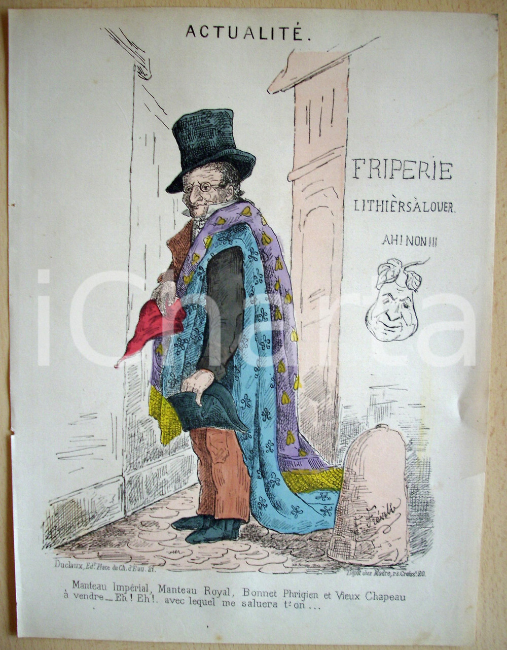 Stampa, bozzetto originale 1871 Caricatura FRIPERIE LITHIERS A LOUER Ill. FREVILLE 1