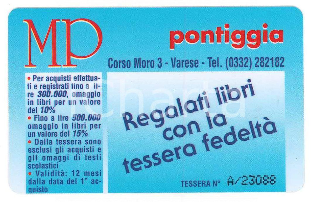 Oggetto da collezione cartaceo 1999 VARESE LIbreria MP PONTIGGIA Tessere fedeltÃ   8x5 cm 1