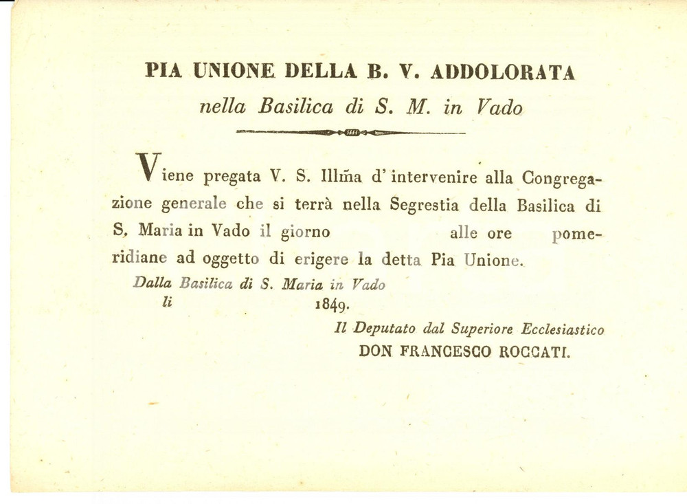 Documento originale, autentico 1849 FERRARA Assemblea PIA UNIONE B. V. ADDOLORATA 1