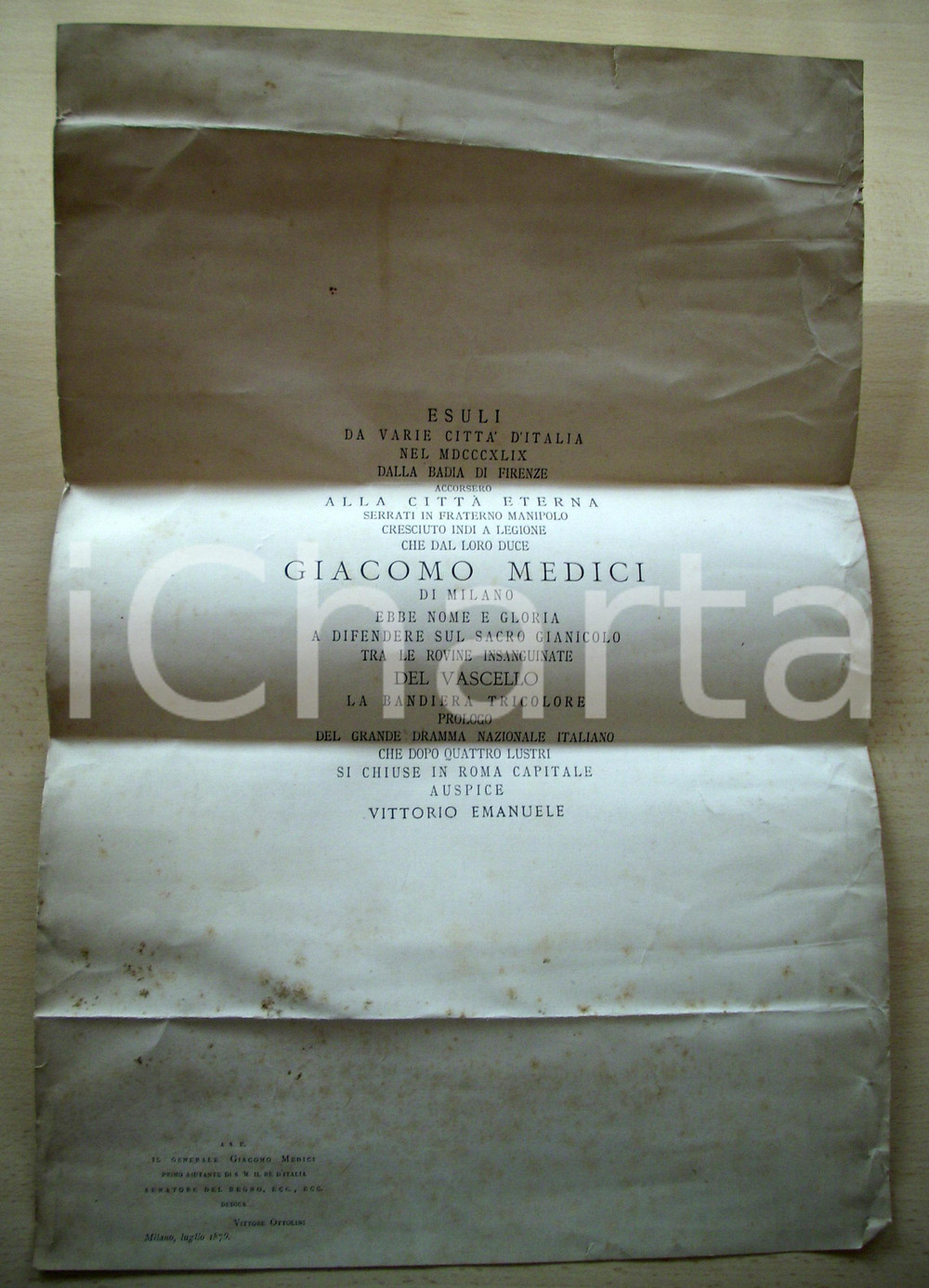 Documento originale, autentico 1879 RISORGIMENTO Lapide a garibaldino GIACOMO MEDICI 1
