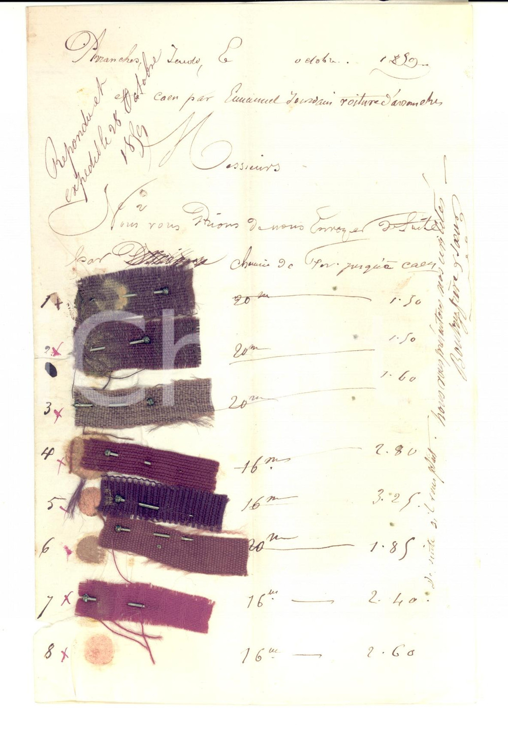 Documento originale, autentico 1859 AVRANCHES F Nuovo campionario ditta BOUTRY Stoffe allegate RARO 1