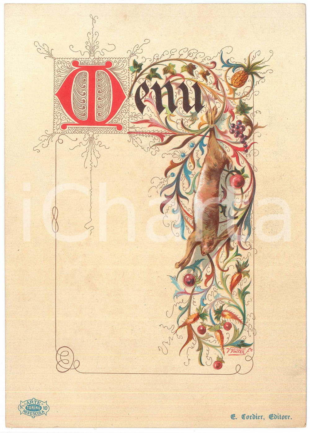 Oggetto da collezione cartaceo 1910 ca TORINO Arte minuscola  MenÃ¹ con selvaggina  Ernest Cordier Editore 1