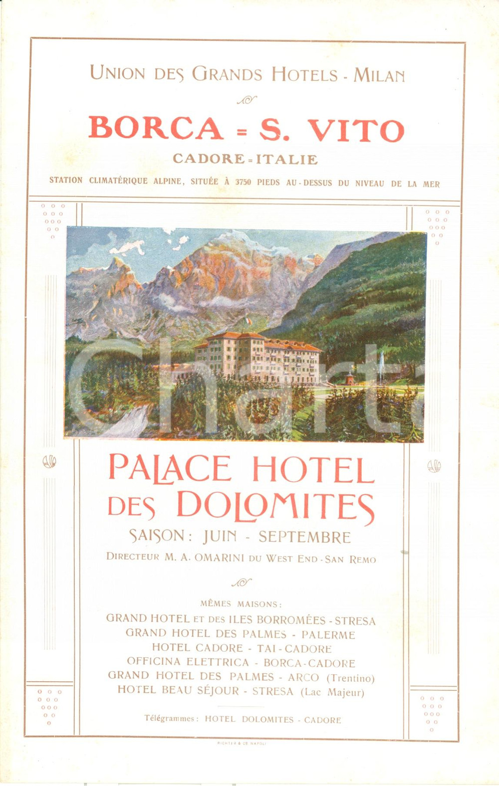Materiale pubblicitario d’epoca 1950 ca BORCA DI CADORE BL Palace Hotel des DOLOMITES Union Grands Hotels 1