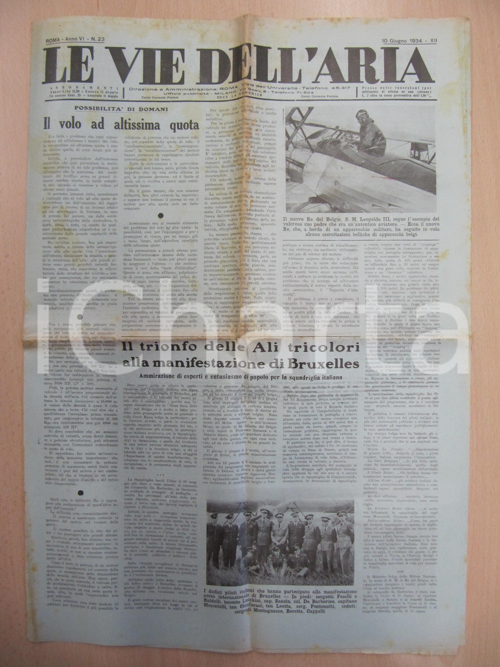 Giornale, rivista storica 1934 LE VIE DELL ARIA Ali tricolori italiane alla Gara di acrobazia di BRUXELLES 1