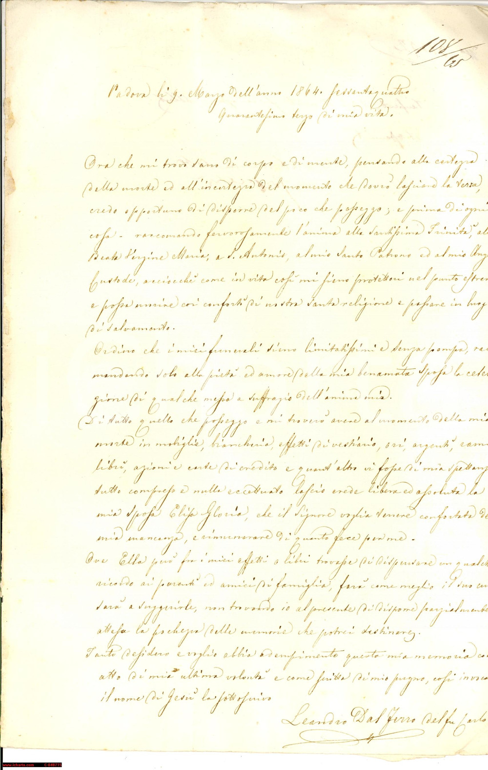 Documento originale, autentico 1864 PADOVA Testamento Leandro DAL FERRO alla moglie 1