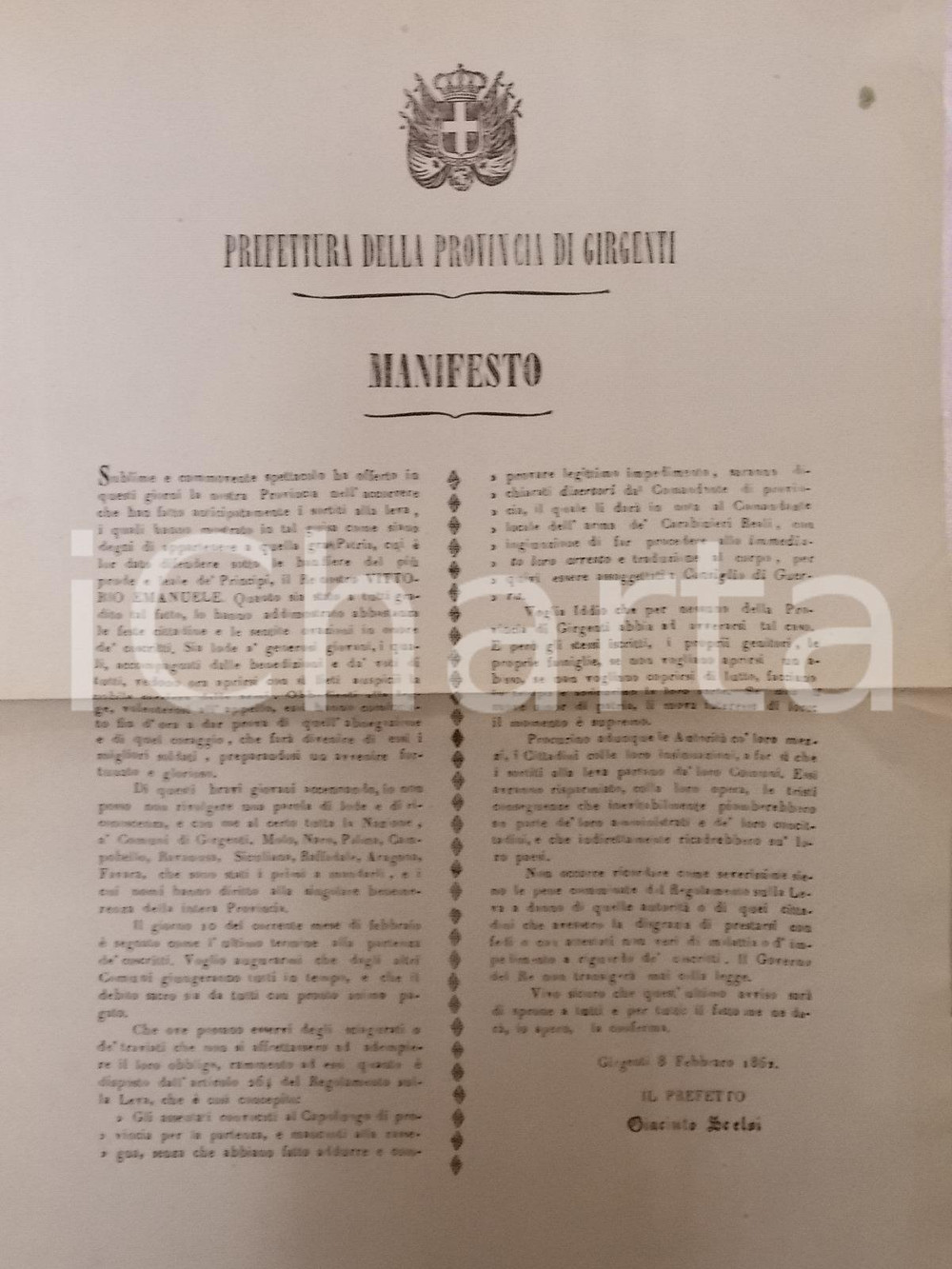 Documento originale, autentico 1862 GIRGENTI AG Feste e ovazioni per i coscritti arruolati Manifesto 1