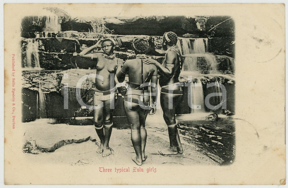 1904 SOUTH AFRICA Three tipical ZULU girls - Postcard ETHNIC NUDE Cartolina postale d'epoca, viaggiata.CONDIZIONI: G (minima smussatura angolare)FORMATO: FPEDITORE: Sallo Epstein - Durban    originale e autentica 1