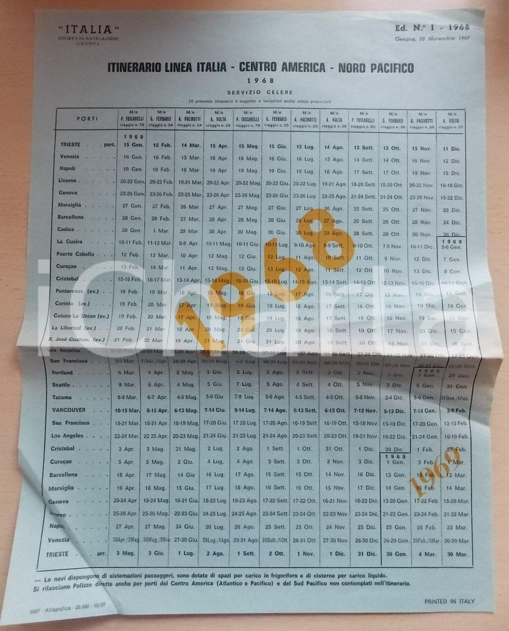 Materiale pubblicitario d’epoca 1968 GENOVA Itinerario Linea Navigazione ITALIA per CENTRO AMERICA NORD PACIFICO 1