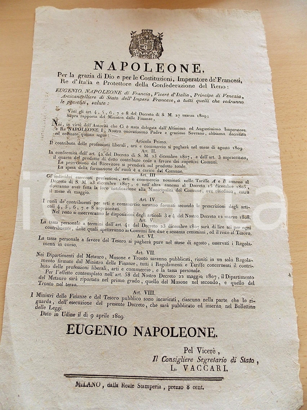 Documento originale, autentico 1809 REGNO D ITALIA UDINE Sui contributi delle professioni liberali Manifesto 1