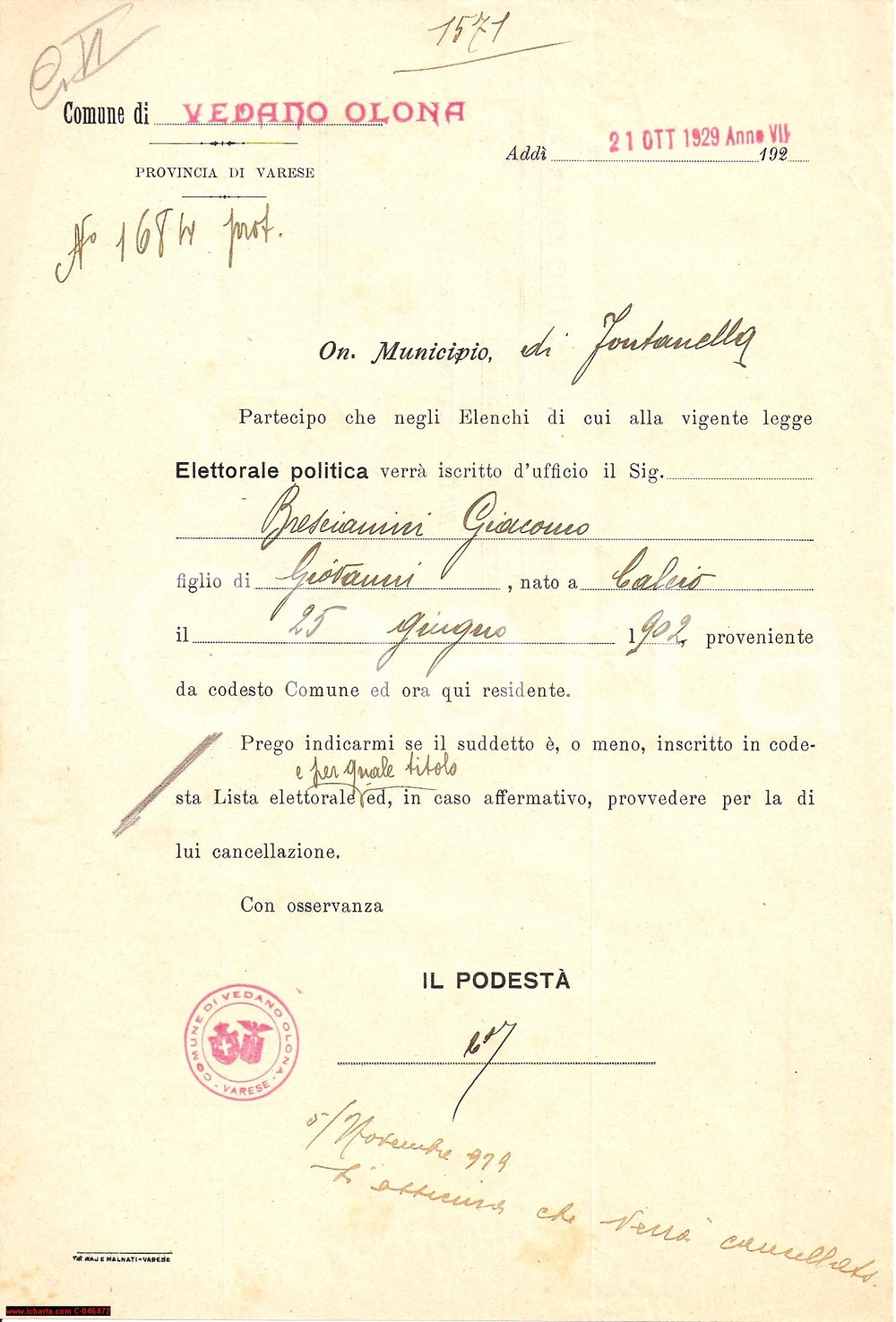 Documento originale, autentico 1929 VEDANO OLONA VA Iscrizione di Giacomo BRESCIAMINI 1