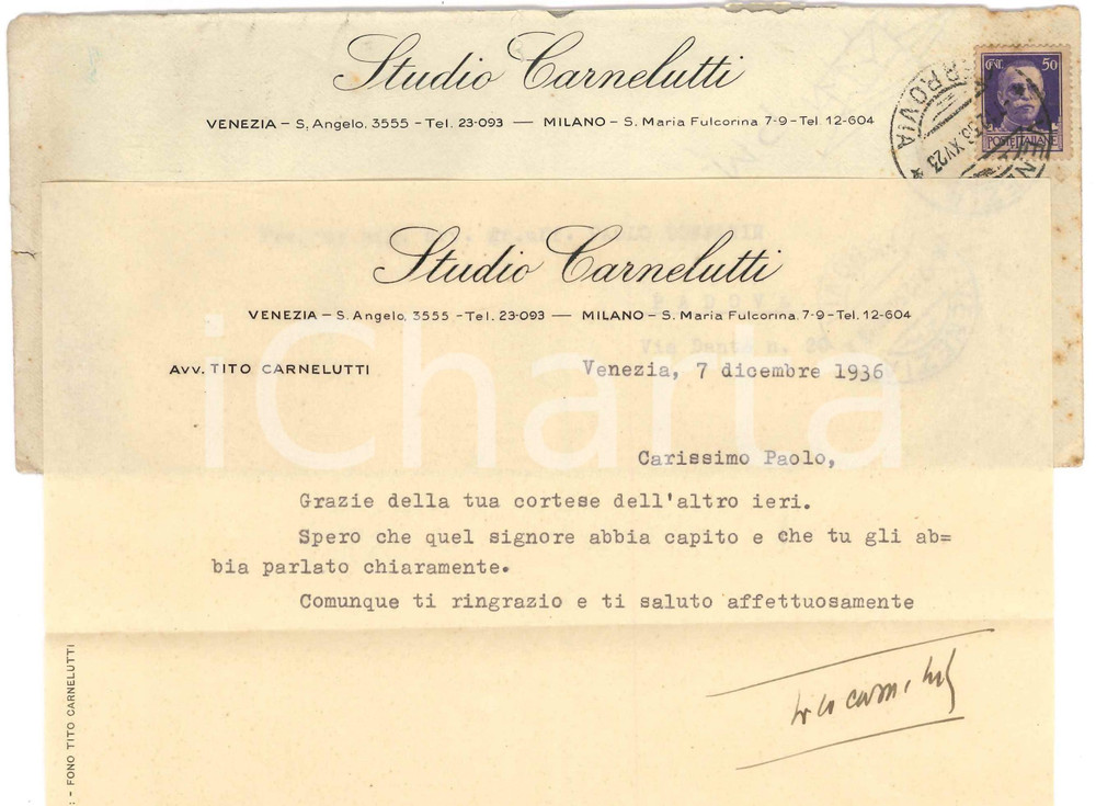 Autografo originale 1936 VENEZIA Lettera Tito CARNELUTTI per ringraziamento Autografo 1
