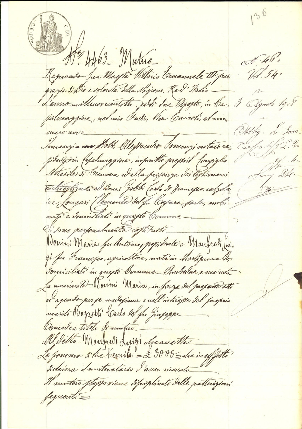 Documento originale, autentico 1908 CASALMAGGIORE CR Contratto mutuo tra Maria DONINI e Luigi MANFREDI 1