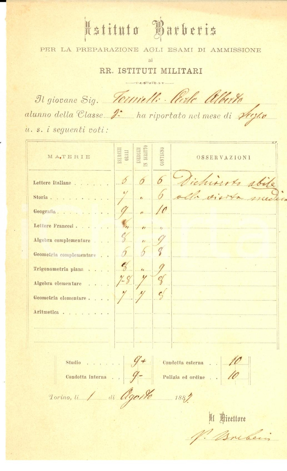Documento originale, autentico 1883 TORINO Istituto BARBERIS Pagellina conte Carlo Alberto TORNIELLI 1
